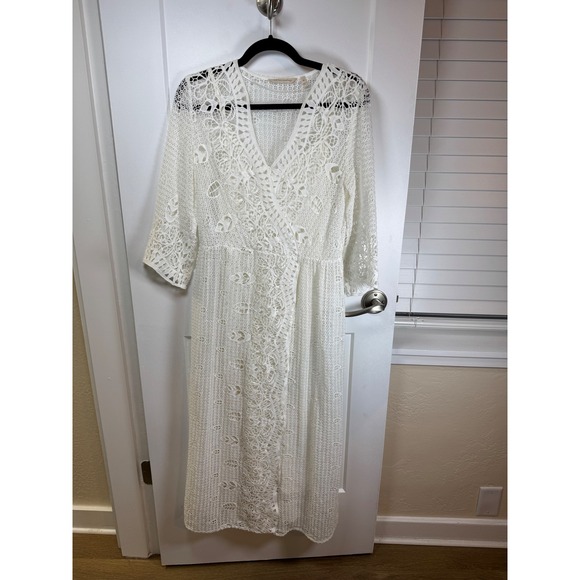 Soft Surroundings Dresses & Skirts - Soft Surroundings White Lace Midi Dress Petite Small PS Wrap V-Neck Boho Bridal